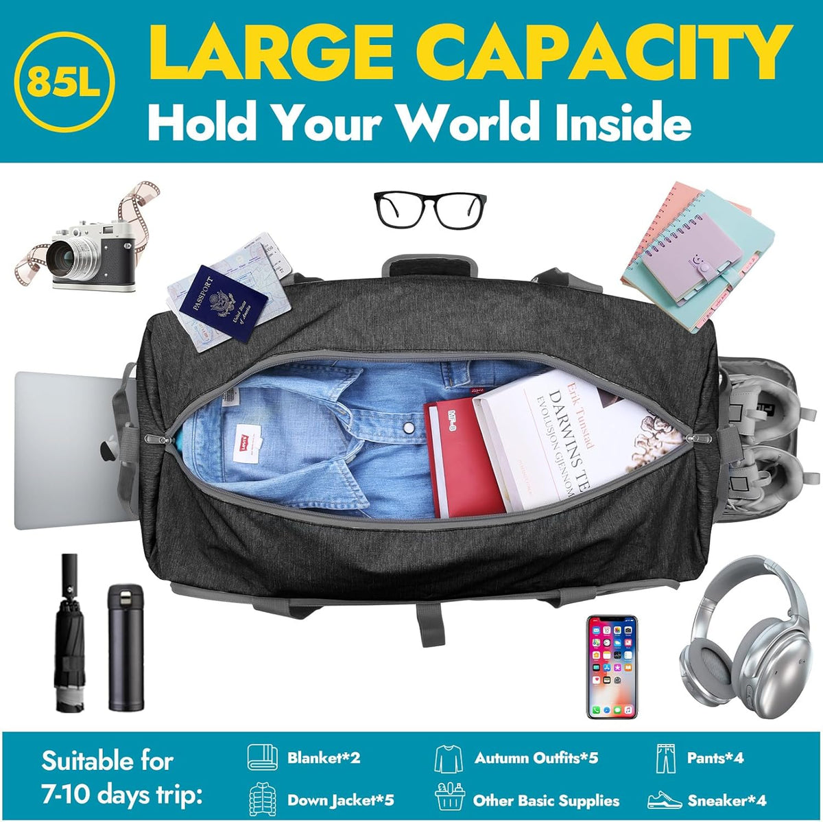 65L Foldable Duffle Bag with Shoes Compartment, Water-Resistant Packable Travel Duffel for Gym, Weekend Trips, Lightweight Carry on Luggage for Men & Women