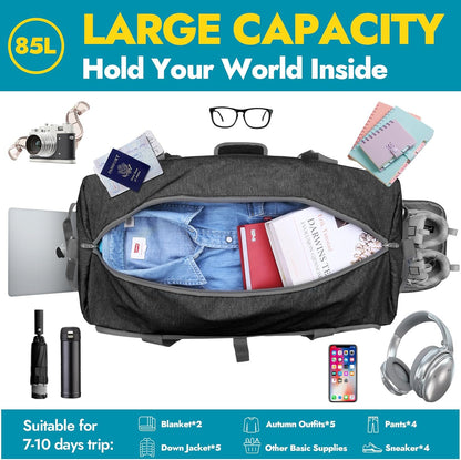 65L Foldable Duffle Bag with Shoes Compartment, Water-Resistant Packable Travel Duffel for Gym, Weekend Trips, Lightweight Carry on Luggage for Men & Women