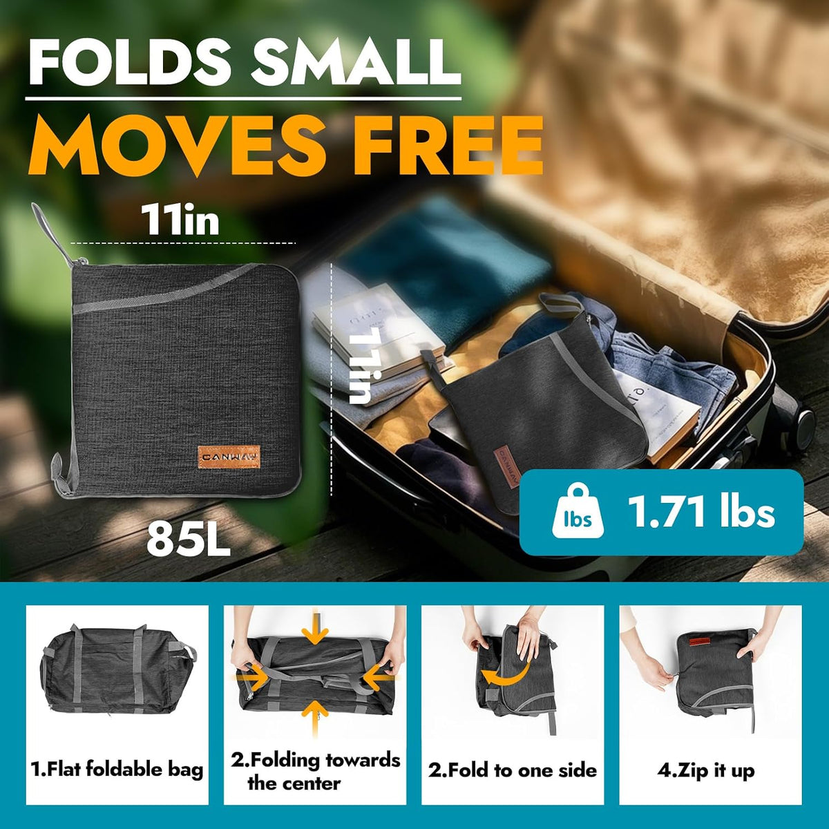 65L Foldable Duffle Bag with Shoes Compartment, Water-Resistant Packable Travel Duffel for Gym, Weekend Trips, Lightweight Carry on Luggage for Men & Women