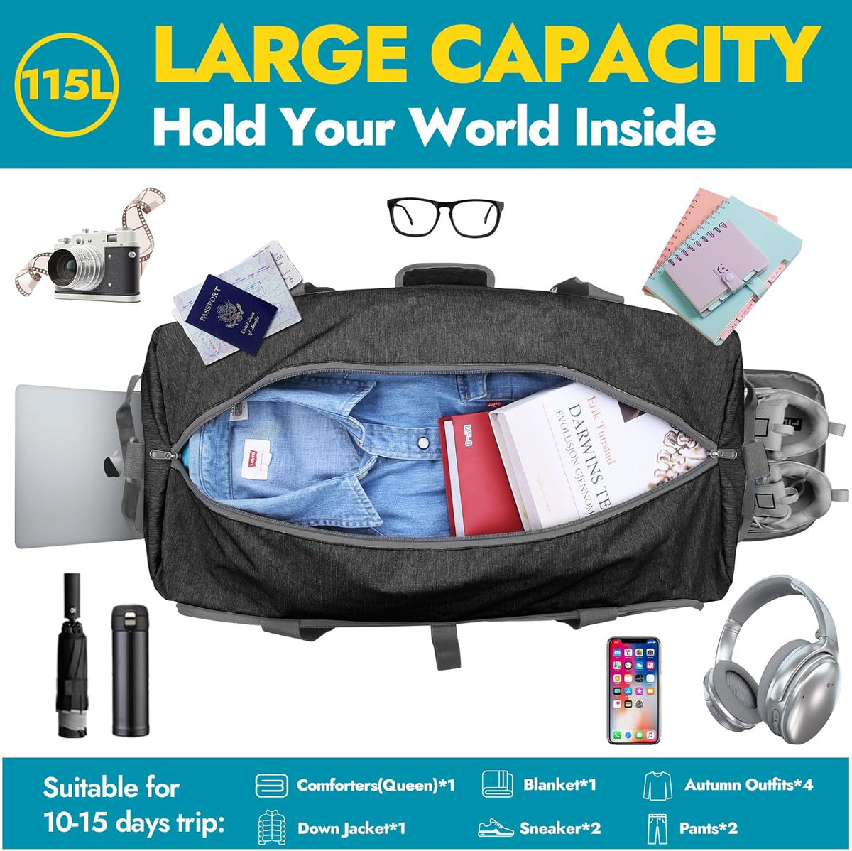 65L Foldable Duffle Bag with Shoes Compartment, Water-Resistant Packable Travel Duffel for Gym, Weekend Trips, Lightweight Carry on Luggage for Men & Women