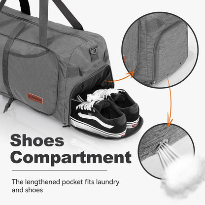 65L Foldable Duffle Bag with Shoes Compartment, Water-Resistant Packable Travel Duffel for Gym, Weekend Trips, Lightweight Carry on Luggage for Men & Women