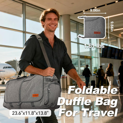 65L Foldable Duffle Bag with Shoes Compartment, Water-Resistant Packable Travel Duffel for Gym, Weekend Trips, Lightweight Carry on Luggage for Men & Women
