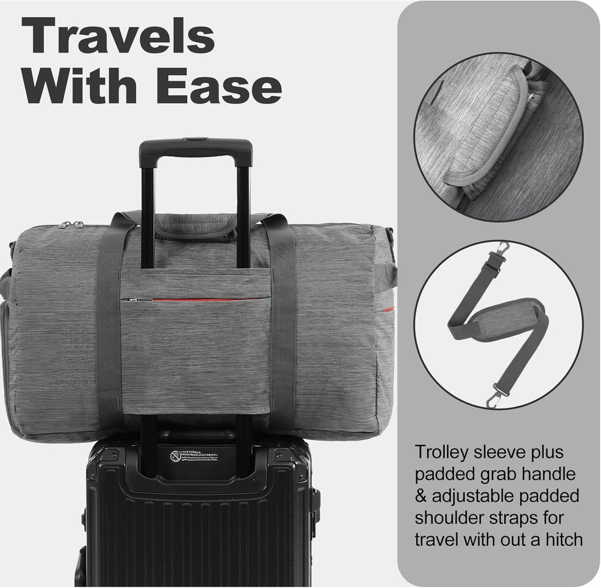65L Foldable Duffle Bag with Shoes Compartment, Water-Resistant Packable Travel Duffel for Gym, Weekend Trips, Lightweight Carry on Luggage for Men & Women
