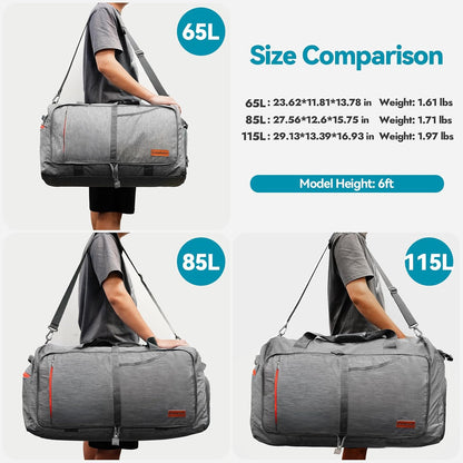 65L Foldable Duffle Bag with Shoes Compartment, Water-Resistant Packable Travel Duffel for Gym, Weekend Trips, Lightweight Carry on Luggage for Men & Women