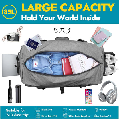 65L Foldable Duffle Bag with Shoes Compartment, Water-Resistant Packable Travel Duffel for Gym, Weekend Trips, Lightweight Carry on Luggage for Men & Women