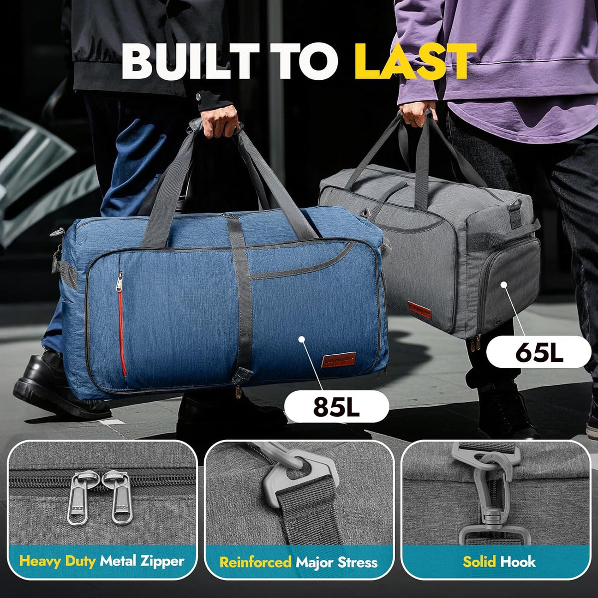 65L Foldable Duffle Bag with Shoes Compartment, Water-Resistant Packable Travel Duffel for Gym, Weekend Trips, Lightweight Carry on Luggage for Men & Women