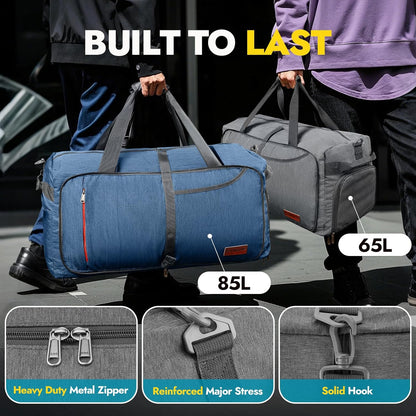 65L Foldable Duffle Bag with Shoes Compartment, Water-Resistant Packable Travel Duffel for Gym, Weekend Trips, Lightweight Carry on Luggage for Men & Women