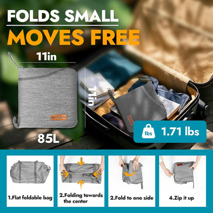 65L Foldable Duffle Bag with Shoes Compartment, Water-Resistant Packable Travel Duffel for Gym, Weekend Trips, Lightweight Carry on Luggage for Men & Women