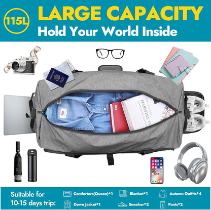 65L Foldable Duffle Bag with Shoes Compartment, Water-Resistant Packable Travel Duffel for Gym, Weekend Trips, Lightweight Carry on Luggage for Men & Women