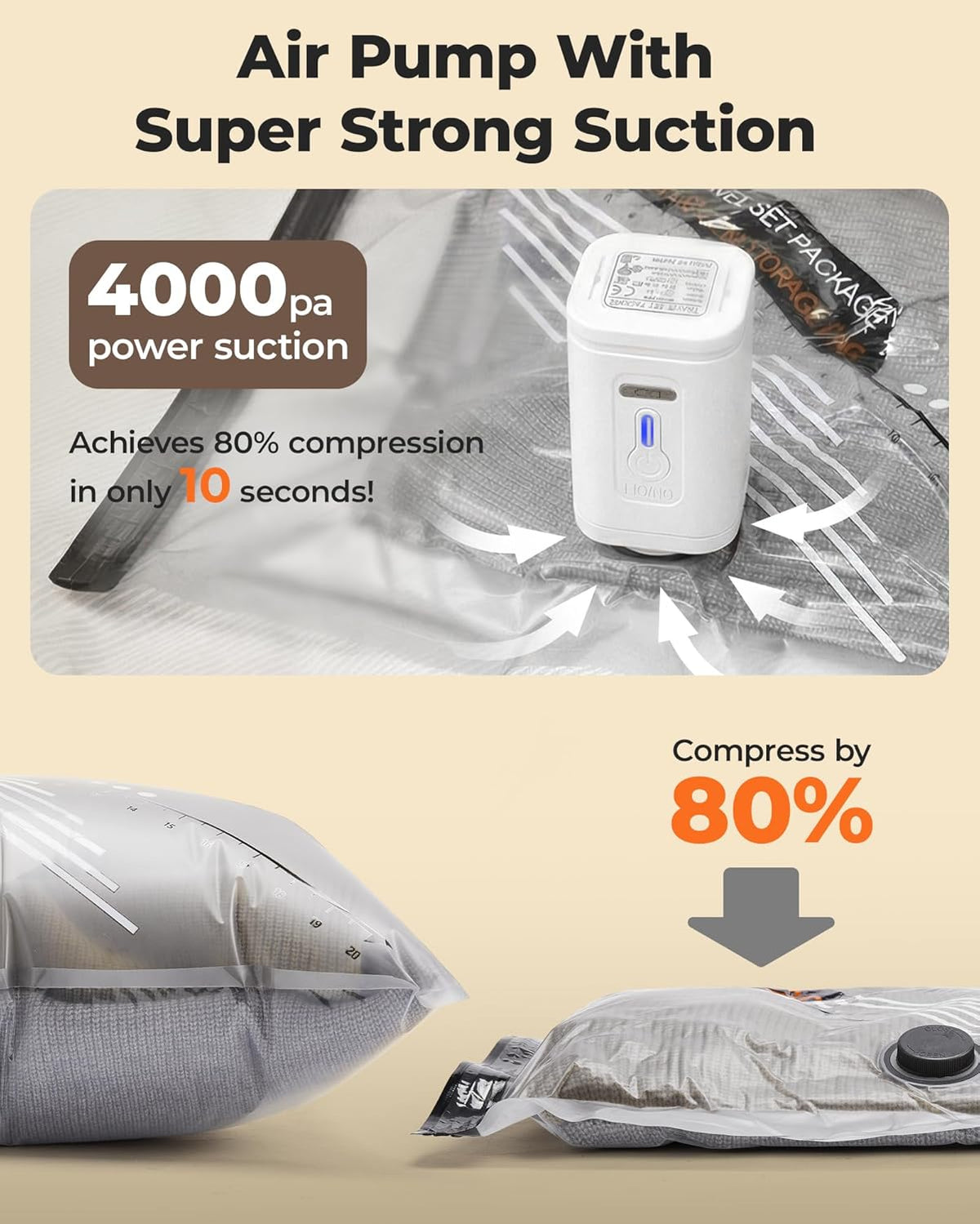 Travel Vacuum Bags for Suitcase & Home, 18 Pack with Wireless Pump | Cordless Pump, Triple-Seal Leak-Proof, 18-Pack 3 Sizes, For Suitcase & Home, With Toiletry Shoe & Laundry Bags