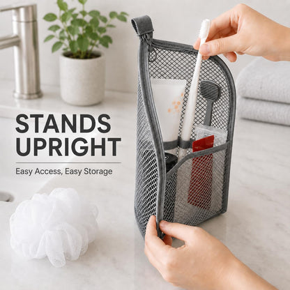2-Pack Standing Travel Toiletry Bag Set, Waterproof PVC Hanging Cosmetic Organizer Pouches, Foldable Vertical Wash Bags for Toothbrush, Razor, Makeup, and Skincare（Gray & Pink）