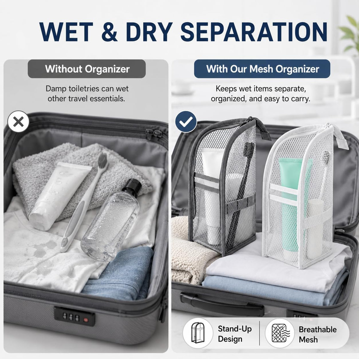 2-Pack Standing Travel Toiletry Bag Set, Waterproof PVC Hanging Cosmetic Organizer Pouches, Foldable Vertical Wash Bags for Toothbrush, Razor, Makeup, and Skincare（Gray & Pink）
