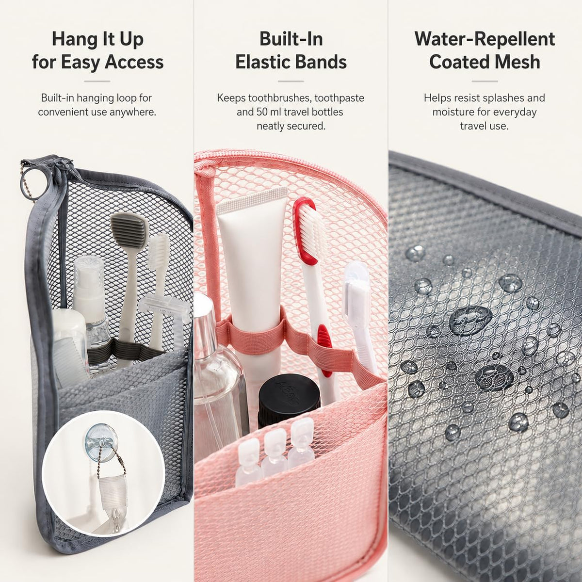 2-Pack Standing Travel Toiletry Bag Set, Waterproof PVC Hanging Cosmetic Organizer Pouches, Foldable Vertical Wash Bags for Toothbrush, Razor, Makeup, and Skincare（Gray & Pink）