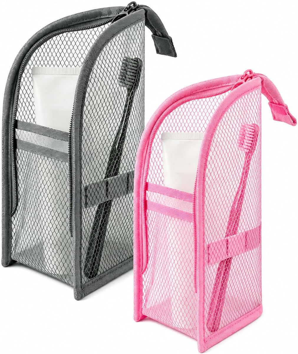 2-Pack Standing Travel Toiletry Bag Set, Waterproof PVC Hanging Cosmetic Organizer Pouches, Foldable Vertical Wash Bags for Toothbrush, Razor, Makeup, and Skincare（Gray & Pink）