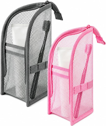 2-Pack Standing Travel Toiletry Bag Set, Waterproof PVC Hanging Cosmetic Organizer Pouches, Foldable Vertical Wash Bags for Toothbrush, Razor, Makeup, and Skincare（Gray & Pink）