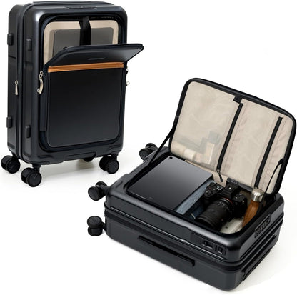 Expandable 20 Inch Carry On Luggage with Mute Brake Wheels Airline Approved Hard Shell Suitcases with Front Pocket Top Opening Luggage with TSA Lock for Short Business Travel, Black