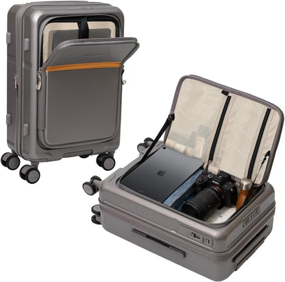 Expandable 20 Inch Carry On Luggage with Mute Brake Wheels Airline Approved Hard Shell Suitcases with Front Pocket Top Opening Luggage with TSA Lock for Short Business Travel, Black