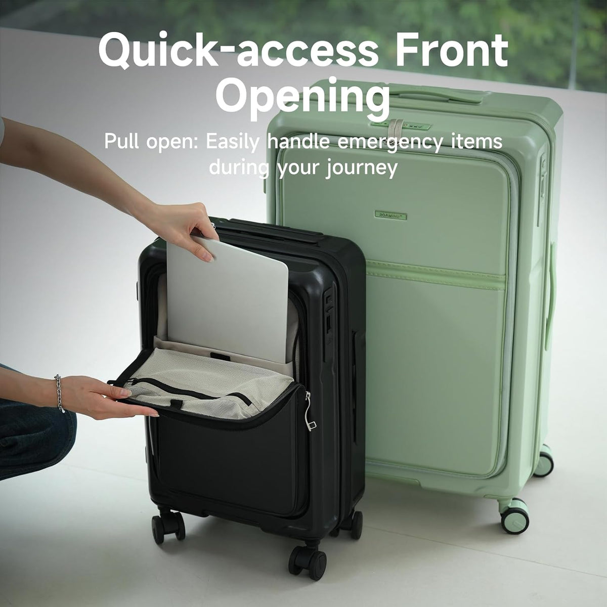 Expandable 20 Inch Carry On Luggage with Mute Brake Wheels Airline Approved Hard Shell Suitcases with Front Pocket Top Opening Luggage with TSA Lock for Short Business Travel, Black
