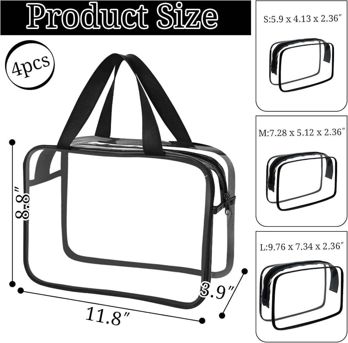 4 Pack Large Clear Makeup Bag, Heavy Duty Plastic Clear Cosmetic Toiletry Organizer Bags with Handle, Waterproof Toiletry Zipper Tote Bags for Travel, Gym, Cosmetic, Toiletry