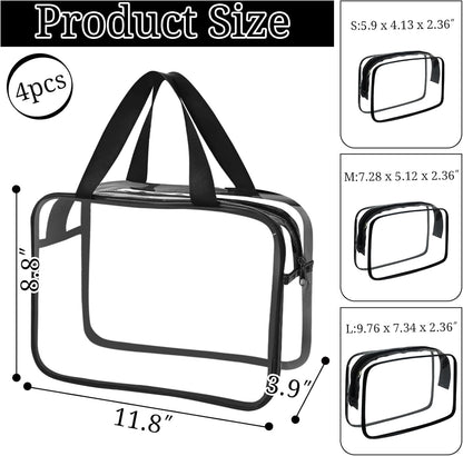 4 Pack Large Clear Makeup Bag, Heavy Duty Plastic Clear Cosmetic Toiletry Organizer Bags with Handle, Waterproof Toiletry Zipper Tote Bags for Travel, Gym, Cosmetic, Toiletry