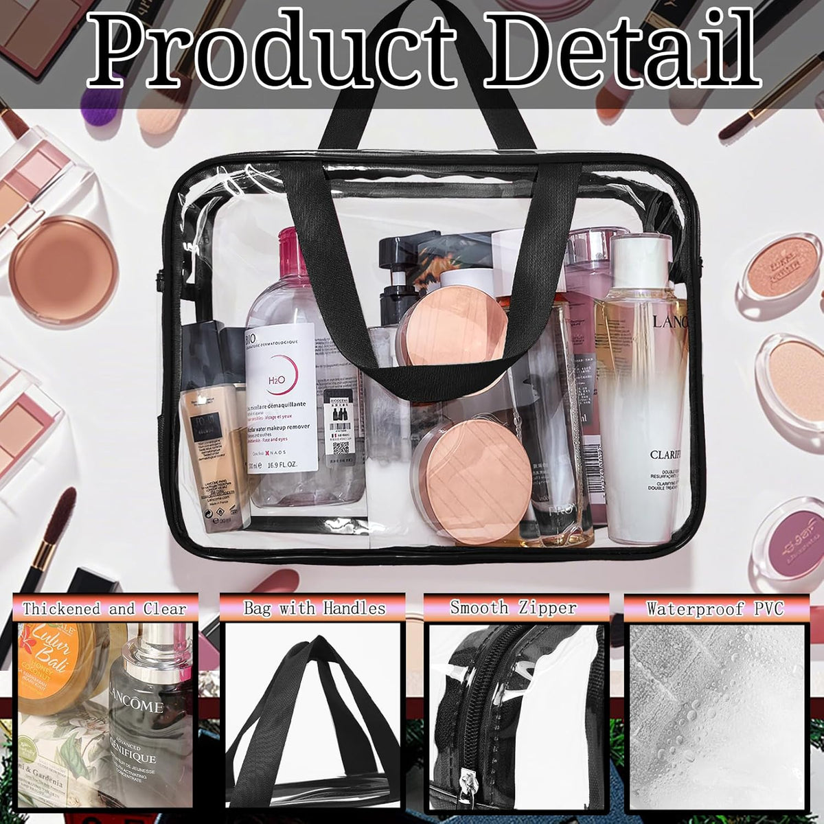 4 Pack Large Clear Makeup Bag, Heavy Duty Plastic Clear Cosmetic Toiletry Organizer Bags with Handle, Waterproof Toiletry Zipper Tote Bags for Travel, Gym, Cosmetic, Toiletry