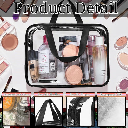 4 Pack Large Clear Makeup Bag, Heavy Duty Plastic Clear Cosmetic Toiletry Organizer Bags with Handle, Waterproof Toiletry Zipper Tote Bags for Travel, Gym, Cosmetic, Toiletry