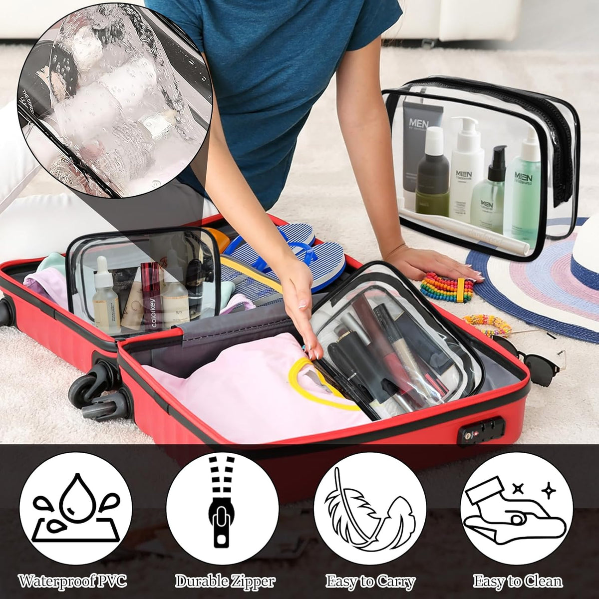 4 Pack Large Clear Makeup Bag, Heavy Duty Plastic Clear Cosmetic Toiletry Organizer Bags with Handle, Waterproof Toiletry Zipper Tote Bags for Travel, Gym, Cosmetic, Toiletry