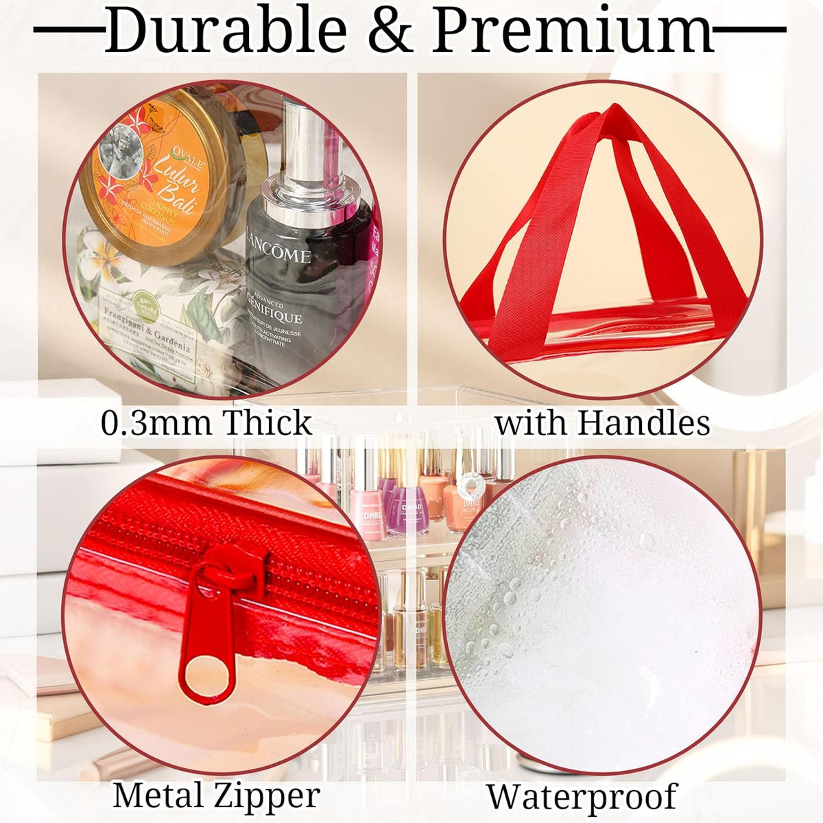 4 Pack Large Clear Makeup Bag, Heavy Duty Plastic Clear Cosmetic Toiletry Organizer Bags with Handle, Waterproof Toiletry Zipper Tote Bags for Travel, Gym, Cosmetic, Toiletry