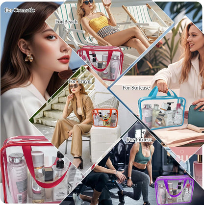 4 Pack Large Clear Makeup Bag, Heavy Duty Plastic Clear Cosmetic Toiletry Organizer Bags with Handle, Waterproof Toiletry Zipper Tote Bags for Travel, Gym, Cosmetic, Toiletry
