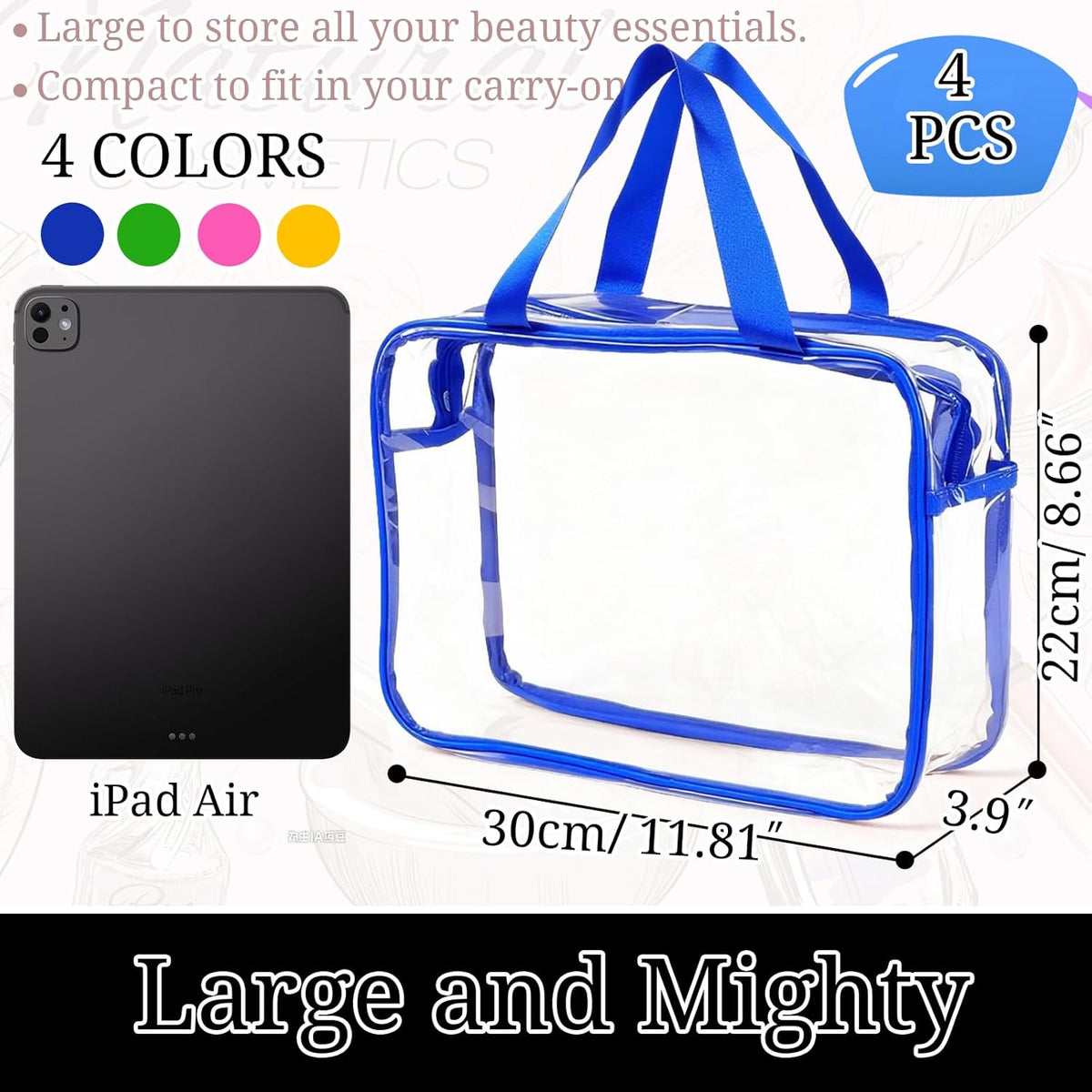 4 Pack Large Clear Makeup Bag, Heavy Duty Plastic Clear Cosmetic Toiletry Organizer Bags with Handle, Waterproof Toiletry Zipper Tote Bags for Travel, Gym, Cosmetic, Toiletry