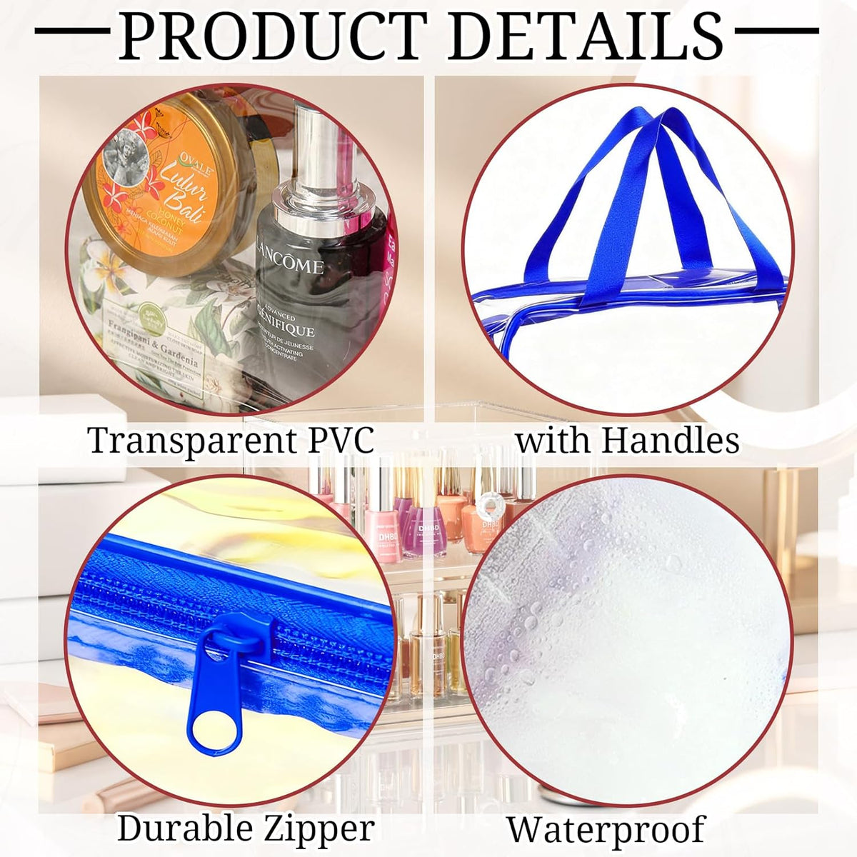 4 Pack Large Clear Makeup Bag, Heavy Duty Plastic Clear Cosmetic Toiletry Organizer Bags with Handle, Waterproof Toiletry Zipper Tote Bags for Travel, Gym, Cosmetic, Toiletry