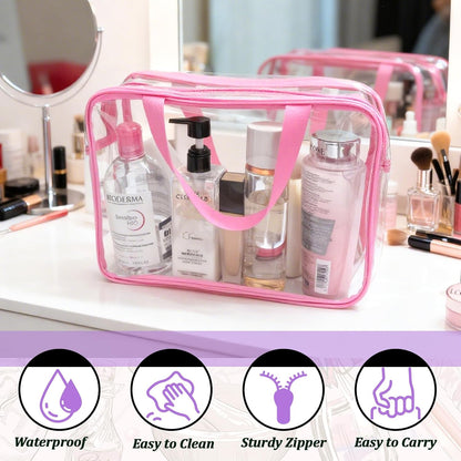 4 Pack Large Clear Makeup Bag, Heavy Duty Plastic Clear Cosmetic Toiletry Organizer Bags with Handle, Waterproof Toiletry Zipper Tote Bags for Travel, Gym, Cosmetic, Toiletry