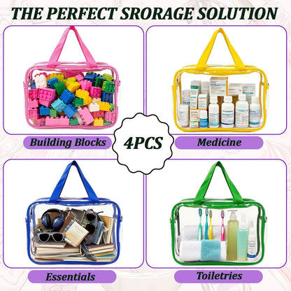 4 Pack Large Clear Makeup Bag, Heavy Duty Plastic Clear Cosmetic Toiletry Organizer Bags with Handle, Waterproof Toiletry Zipper Tote Bags for Travel, Gym, Cosmetic, Toiletry