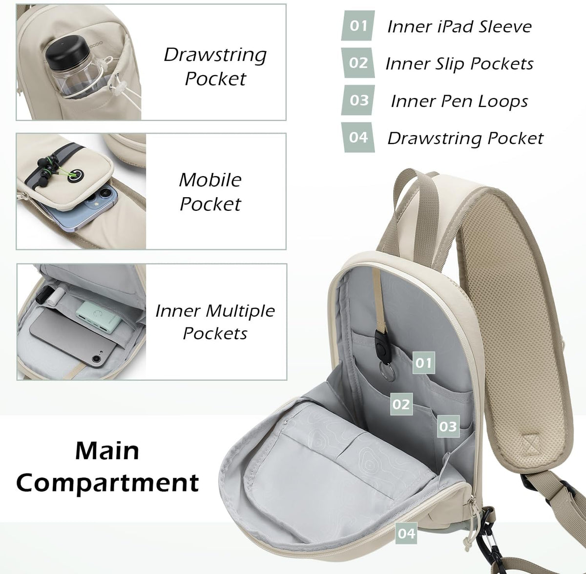 Sling Bag for Women Men, Lightweight Crossbody Backpack with Water Bottle Holder, Waterproof Chest Shoulder Daypack for Travel, Hiking, Commuting,3.4L,Ash Green