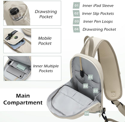 Sling Bag for Women Men, Lightweight Crossbody Backpack with Water Bottle Holder, Waterproof Chest Shoulder Daypack for Travel, Hiking, Commuting,3.4L,Ash Green