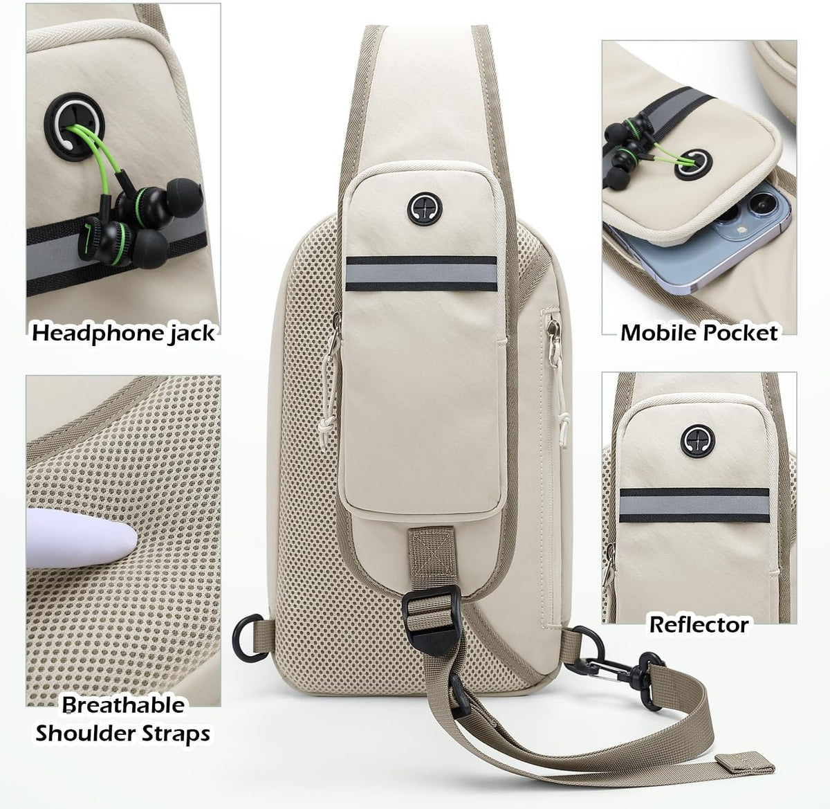 Sling Bag for Women Men, Lightweight Crossbody Backpack with Water Bottle Holder, Waterproof Chest Shoulder Daypack for Travel, Hiking, Commuting,3.4L,Ash Green