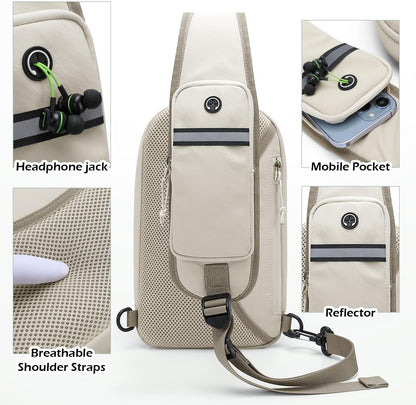 Sling Bag for Women Men, Lightweight Crossbody Backpack with Water Bottle Holder, Waterproof Chest Shoulder Daypack for Travel, Hiking, Commuting,3.4L,Ash Green