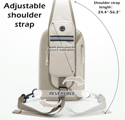 Sling Bag for Women Men, Lightweight Crossbody Backpack with Water Bottle Holder, Waterproof Chest Shoulder Daypack for Travel, Hiking, Commuting,3.4L,Ash Green