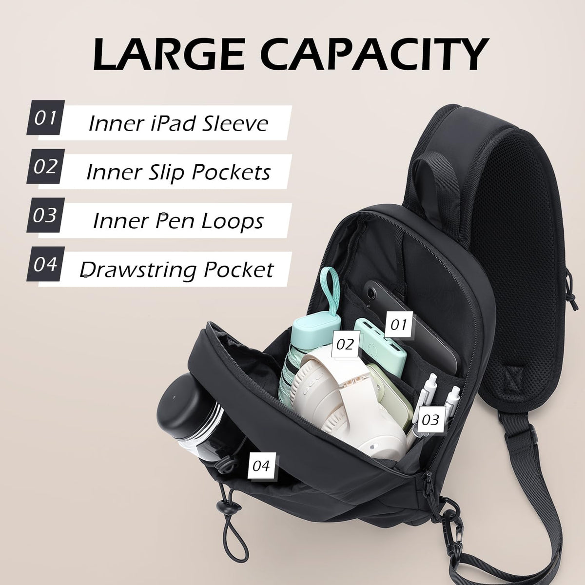 Sling Bag for Women Men, Lightweight Crossbody Backpack with Water Bottle Holder, Waterproof Chest Shoulder Daypack for Travel, Hiking, Commuting,3.4L,Ash Green