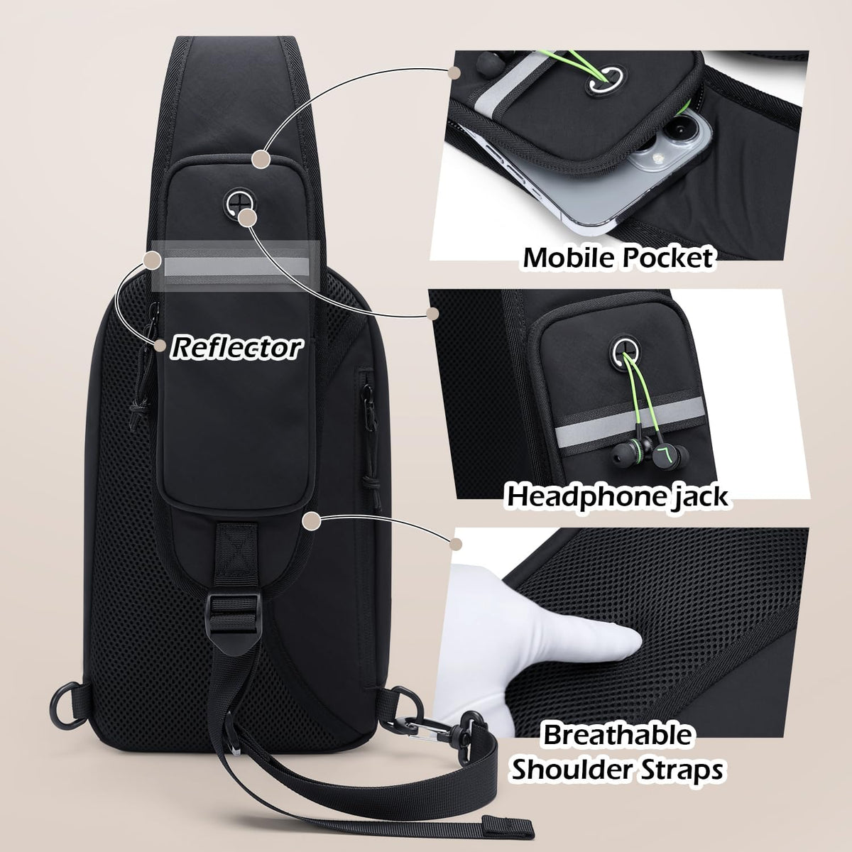 Sling Bag for Women Men, Lightweight Crossbody Backpack with Water Bottle Holder, Waterproof Chest Shoulder Daypack for Travel, Hiking, Commuting,3.4L,Ash Green