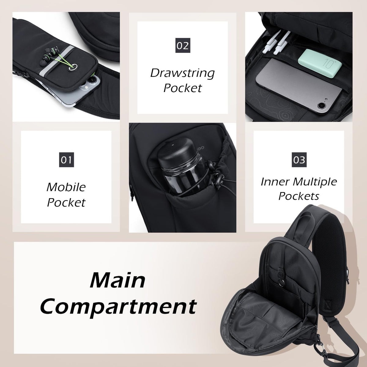 Sling Bag for Women Men, Lightweight Crossbody Backpack with Water Bottle Holder, Waterproof Chest Shoulder Daypack for Travel, Hiking, Commuting,3.4L,Ash Green