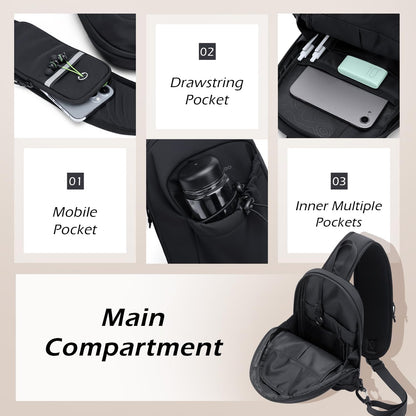 Sling Bag for Women Men, Lightweight Crossbody Backpack with Water Bottle Holder, Waterproof Chest Shoulder Daypack for Travel, Hiking, Commuting,3.4L,Ash Green