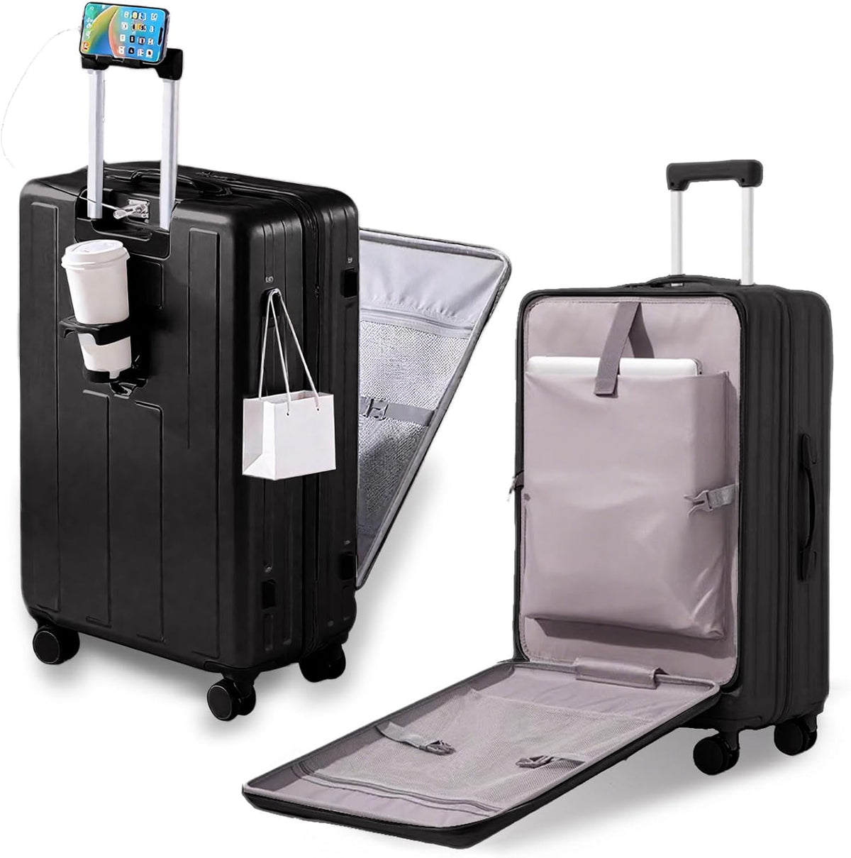 Carry on Luggage Airline Approved,20 Inch Abs+Pc Hardshell Spinner Luggage With Cup Phone Holder and USB Charger,Front Pocket Durable Suitcase for Women Men-Black