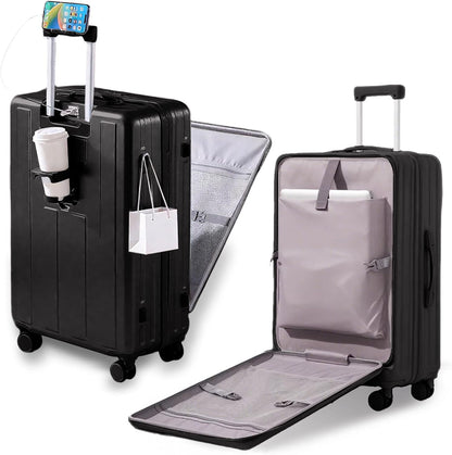 Carry on Luggage Airline Approved,20 Inch Abs+Pc Hardshell Spinner Luggage With Cup Phone Holder and USB Charger,Front Pocket Durable Suitcase for Women Men-Black