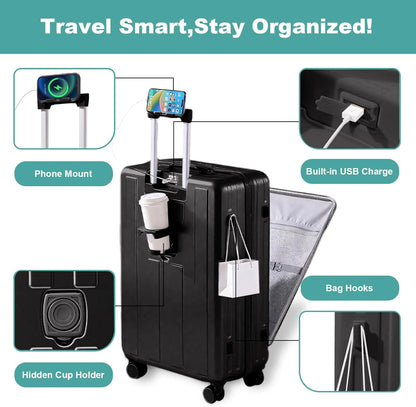 Carry on Luggage Airline Approved,20 Inch Abs+Pc Hardshell Spinner Luggage With Cup Phone Holder and USB Charger,Front Pocket Durable Suitcase for Women Men-Black
