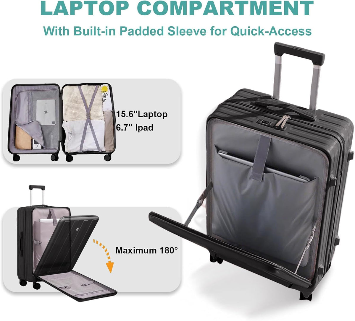 Carry on Luggage Airline Approved,20 Inch Abs+Pc Hardshell Spinner Luggage With Cup Phone Holder and USB Charger,Front Pocket Durable Suitcase for Women Men-Black