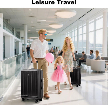 Carry on Luggage Airline Approved,20 Inch Abs+Pc Hardshell Spinner Luggage With Cup Phone Holder and USB Charger,Front Pocket Durable Suitcase for Women Men-Black