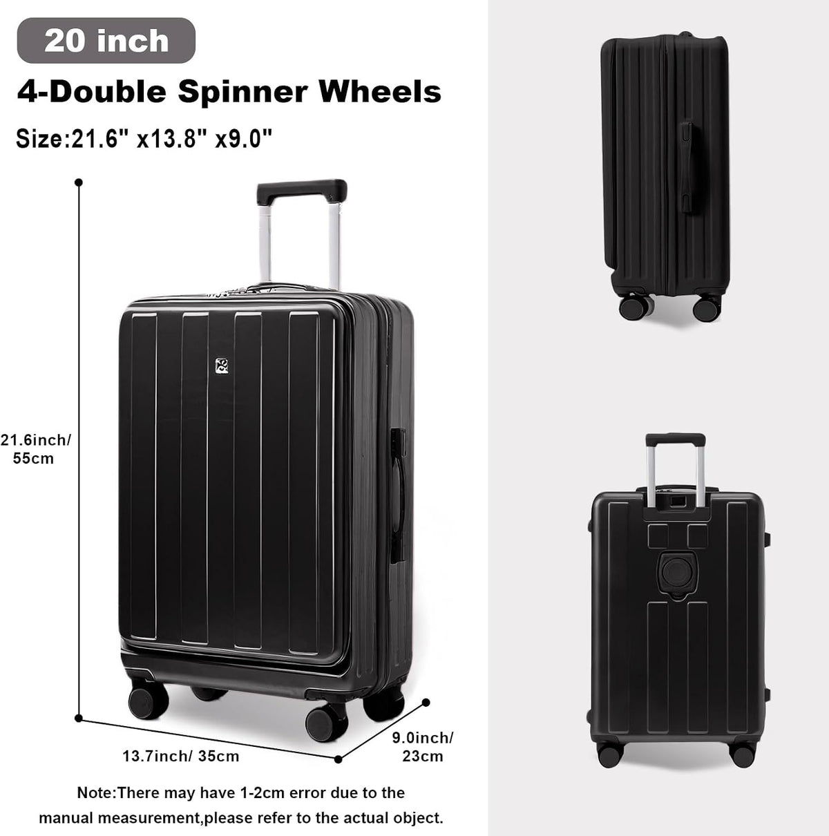 Carry on Luggage Airline Approved,20 Inch Abs+Pc Hardshell Spinner Luggage With Cup Phone Holder and USB Charger,Front Pocket Durable Suitcase for Women Men-Black