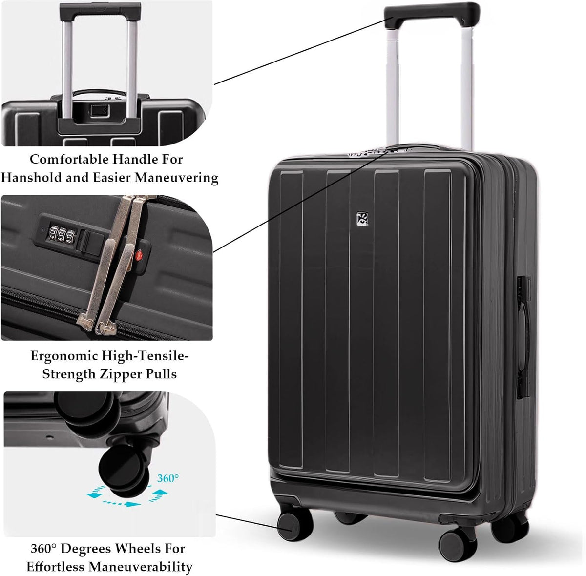 Carry on Luggage Airline Approved,20 Inch Abs+Pc Hardshell Spinner Luggage With Cup Phone Holder and USB Charger,Front Pocket Durable Suitcase for Women Men-Black