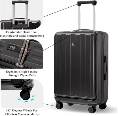 Carry on Luggage Airline Approved,20 Inch Abs+Pc Hardshell Spinner Luggage With Cup Phone Holder and USB Charger,Front Pocket Durable Suitcase for Women Men-Black